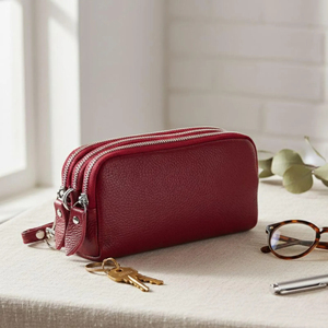 Women's Genuine Leather <b>Zipper</b> <b>Wallet</b> Short Multifunctional Minimalist Daily Use Pink Color with Wrist Strap - Product Image 4