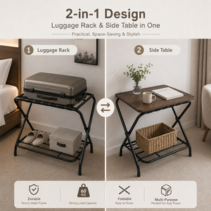 Soporte Plegable de 2 Niveles para Maletas con Placa Superior de Madera, Base Metálica con Estante Inferior para Dormitorio de Hotel, Hecho en Taiwán - Product Image 2