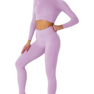 Ensemble de sport sans couture couleur pastel, haut court à manches longues, tenue d'entraînement pour femme, leggings taille haute, violet clair - Product Image 2