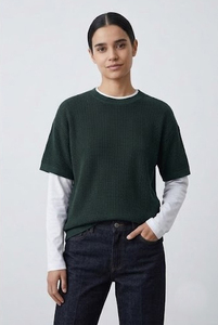 T-shirt gaufré double couche pour femme, manches longues, couleur unie, en polyester, col rond - Product Image 3