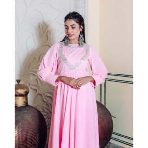 Conjunto de Kurta de Chifón de Algodón Rosa Francés para Mujer con Cuentas, Cuello en V, Manga Larga, Estilo Elegante, Largo hasta el Tobillo, para Primavera - Product Image 6