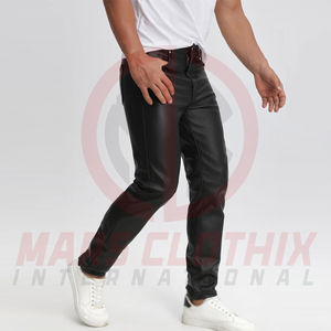 Pantalon de jogging en cuir léger pour homme, coupe ajustée droite, design personnalisé, fermeture boutonnée sur le devant, couleur unie - Product Image 3