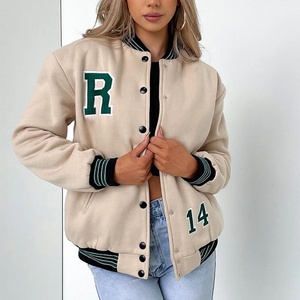 Beige Women's Varsity Jacket Long Sleeve Stand Collar Letter Patch <b>Button</b> Front Autumn <b>Coat</b> - Product Image 1