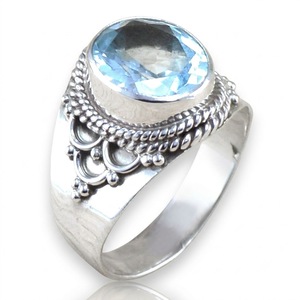 Anillo Ovalado de Plata de Ley 925 con Topacio Azul de Banda Ancha, Hecho a Mano, Joyería de Piedra Semipreciosa, Anillo Bohemio para Mujer, Regalo para Ella - Product Image 1
