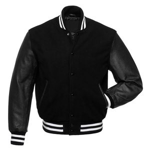 Vestes de baseball pour hommes en laine et cuir noir avec doublure orange, style bomber, vente en gros - Product Image 5
