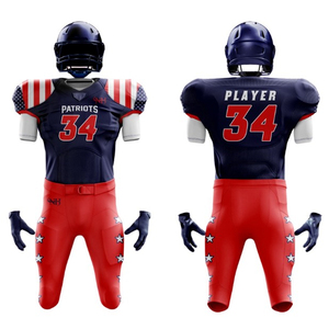 Ensemble de maillots de football américain Patriots pour hommes, uniforme ajusté personnalisé sublimé 100% polyester avec pantalon rouge et motif étoiles - Product Image 1