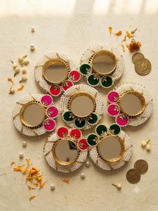 Handcrafted Durable Eco-Friendly Indian Festive Decor Metal <b>Tealight</b> <b>Candle</b> Holders Traditional Mirror Rangoli Diya Holder - Product Image 5