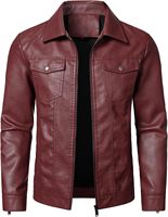 Blouson Trucker Homme Hiver en Similicuir PU Bordeaux Personnalisable Résistant à l'Eau Col Rabattu Double Poche Poitrine