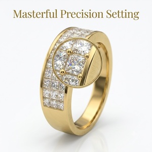 Anillo de Diamantes de Corte Princesa de Tres Hileras en Oro Sólido de 18K Hecho a Mano, Banda Ancha, Joyería Fina - Product Image 2