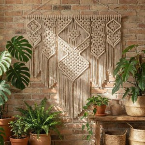 Tapiz de Macramé Bohemio en Oferta, Diseño Abstracto con Patrones Geométricos, Decoración de Pared de Algodón para el Hogar, Arte para Sala de Estar, OEM/ODM - Product Image 3