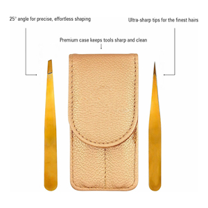 Ensemble de pinces à sourcils plaquées or de luxe, pointe pointue, outil de maquillage de précision durable avec étui de rangement en cuir - Product Image 2