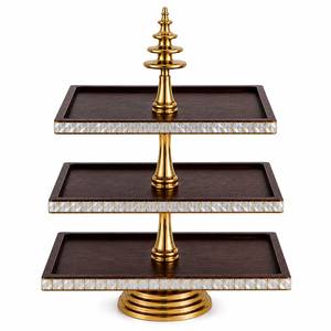 Latest Three Tier Rectangle White Wooden Cake Stand Gold Metal Dessert Display Tray Luxury Wedding Buffet Serving Stand - Product Image 3