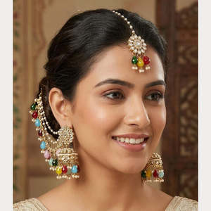 Jewelemarket Elegant Kundan Stone Beads Jhumki Earrings Maangtikka American Diamond Imitation Pearl Sets Model Number 10575457LP - Product Image 4