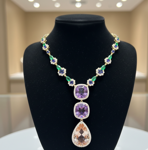 Collar de 16 Pulgadas con Piedras Multicolores Rosa y Verde, Plata de Ley 925, Chapado en Oro de 18K con Circonitas, Regalo de Aniversario para Ella - Product Image 1