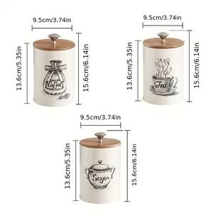 Metal Food <b>Storage</b> <b>Container</b> Set With Wooden Lid Vintage Design For <b>Kitchen</b> Coffee Tea Sugar Airtight 13.6cm x 9.5cm - Product Image 1