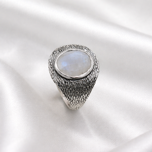 Natural Moonstone 925 Sterling Silver <b>Ring</b> Handmade Textured <b>Statement</b> <b>Ring</b> Oval Cabochon Gemstone Boho Jewelry Gift for Men Him - Product Image 1