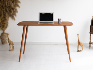Bureau d'écriture ovale arrondi en bois de noyer, style minimaliste, mobilier de bureau moderne du milieu du siècle, fait main en bois - Product Image 1