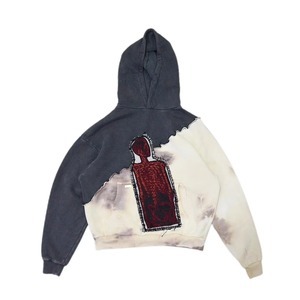 Men's Oversized Hooded Sweatshirt Tie-Dye Patchwork Design <b>Red</b> Embroidered Back Print Regular Sleeve Knitted Cotton Autumn Style - Product Image 1
