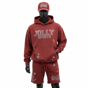 Conjunto de Sudadera con Capucha y Pantalones Cortos para Hombre, Algodón Grueso de 320 GSM, Color Granate Cálido, Logotipo Termoadhesivo, Ajuste Personalizado - Product Image 6