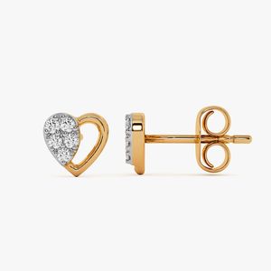 Boucles d'oreilles clous de luxe en or jaune 14K, serties de diamants de laboratoire taille brillant rond, motif demi-cœur en grappe - Product Image 4