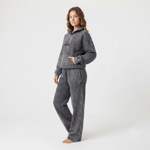 Acid Wash <b>Women</b> Tracksuit Quarter Zip Sweatshirt And <b>Sweatpants</b> Two Piece Streetwear Outfit OEM ODM Manufacturer Charcoal Color - Product Image 2