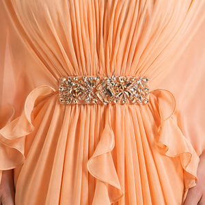 Elegant Salmon Peach Georgette Cape Gown | Designer Pleated <b>Maxi</b> Dress with Waistband | Moroccan <b>Kaftan</b> Evening Wear Dress - Product Image 5