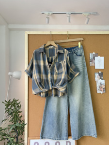 L729959 Women's Oversized Plaid Shirt Casual Loose Fit Short Sleeve Button Down <b>Blouse</b> Spring Summer Fashion Top - Product Image 4