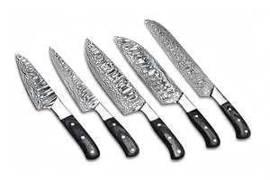 Ensemble de couteaux de cuisine en acier damas artisanal, 5 pièces, couteau de chef, Santoku, couteau à éplucher, manche noir - Product Image 3