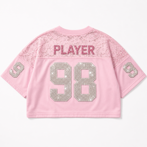 Jersey Corto de Fútbol Americano con Panel de Encaje Rosa, Estilo Y2K, con Letras de Diamantes de Imitación, Malla Chic, Corte Cuadrado, Uniforme Deportivo Personalizado para Mujer - Product Image 5