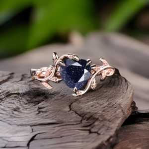 Bague de fiançailles en pierre de sable bleue en forme de cœur, feuille de fleur, plaqué or rose 925, bague de mariage solitaire vintage - Product Image 1