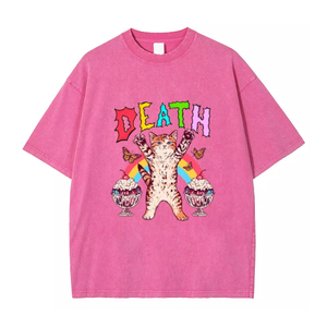 T-shirt unisexe gris délavé à l'acide, col rond, manches courtes, 100% coton, imprimé chat arc-en-ciel, motif 'Death Front', toutes saisons, coupe ample - Product Image 2