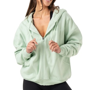 Nouveau design femmes décontracté épaules tombantes court recadrée nombril fermeture éclair ourlet élastique à capuche surdimensionné sweat à manches longues - Product Image 1