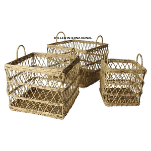 Panier de rangement rectangulaire multifonction en rotin de papier écologique tressé à la main avec poignées latérales, décor creux, portable pour la maison - Product Image 1