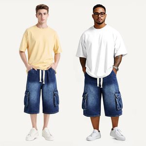 Pantalones Cortos de Mezclilla para Hombre, Estilo Bermuda, Cintura Media, con Cordón, Color Sólido, Corte Holgado Informal, con Bolsillos, Transpirables, de Algodón Tejido - Product Image 1