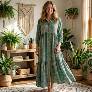 Falda Larga con Estampado Paisley Vintage Bohemio para Mujer |   Vestido largo maxi con mangas largas, dobladillo escalonado y cintura imperio, estilo holgado. - Product Image 5