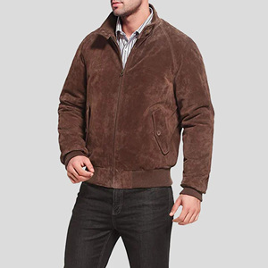 Chaqueta Bomber de Gamuza Marrón para Hombre, Cuello Alto, Cierre de Cremallera, Ropa Exterior Informal de Otoño, Corte Regular, Color Sólido, Material Grueso - Product Image 3