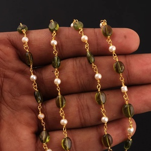 Cadena de Rosario Ovalada de Peridoto Natural y Perla Hidro, Chapada en Oro, por Rollo, Cadena de Joyería a Granel, Vendida por Pies, de Mayorista Indio - Product Image 6