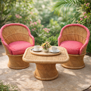 Ensemble de chaises de jardin en bambou pour salon, coussins roses, 2 chaises, 1 table, design moderne, meubles d'extérieur écologiques, confortables - Product Image 1