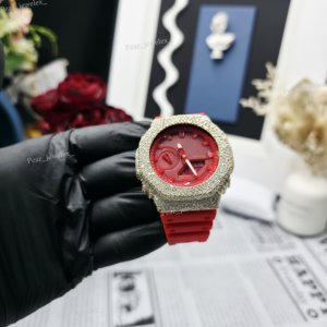 Montre de sport Iced Out avec bracelet en caoutchouc rouge, cadran argenté, analogique-numérique, unisexe, résistante à l'eau 20 BAR, fermoir à boucle - Product Image 3