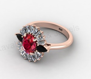 Magnifique bague de mariage en argent 925 plaqué or avec rubis, quartz noir onyx, taille ovale 7x9mm, halo de baguettes CZ, bijoux fins pour femme - Product Image 4
