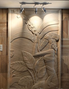 Arte mural de tallado en piedra tropical: Danza entre las palmeras, escultura decorativa en relieve - Product Image 5