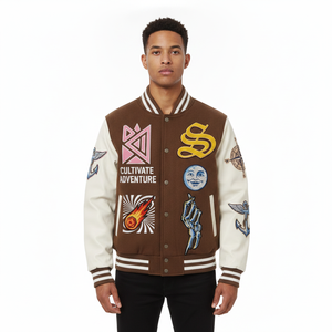 Blouson universitaire marron pour homme avec manches crème, motif patchwork brodé, logo Cultivate Adventure sur le devant, style décontracté pour l'automne - Product Image 5