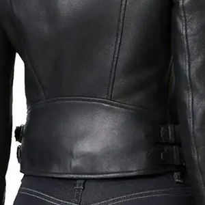 Chaqueta de Motociclista de Cuero Genuino Negro para Mujer, Manga Larga, Cierre de Cremallera, Color Sólido, Estilo Otoñal, Material de Piel de Vaca - Product Image 4