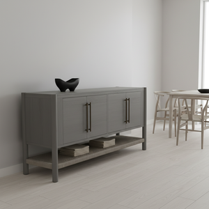 Buffet en bois tressé naturel à 4 portes avec étagère en rotin, meuble de rangement moderne en bois et tissu tressé, pieds ronds - Product Image 3