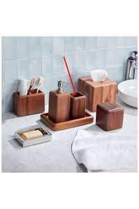 Premium Artisan Wood Bathroom Collection Six-Piece Rectangle Minimalist Soap Dish Dispenser Tumbler <b>Toothbrush</b> <b>Holder</b> - Product Image 1