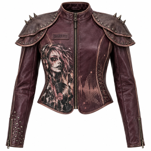 Blouson Biker Femme en Cuir Véritable Bordeaux avec Artwork DJ Personnalisé, Cape à Épaules Superposées et Clous – Fournisseur d'Usine OEM - Product Image 1