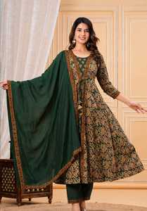 Conjunto Anarkali Verde Bordado para Mujer, Kurta con Trabajo Elaborado, Traje Palazzo, Ropa Étnica para Bodas y Fiestas - Product Image 3