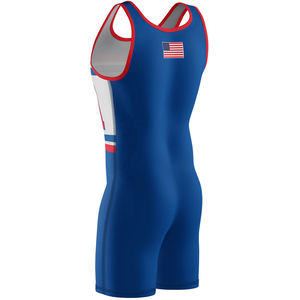 Maillot de lutte américain pour homme, ajusté, bleu, rouge, blanc, imprimé par sublimation, polyester extensible, adulte, vêtements de sport AMI - Product Image 6