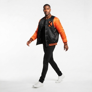 KVJ118 Bomber Varsity da <span class=keywords><strong>uomo</strong></span> in raso per inverno nero arancione <span class=keywords><strong>senza</strong></span> colletto con ricamo serigrafia - Product Image 4