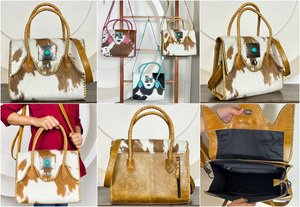 New Personalized Handmade Hair On Cowhide Leather Tote Bag with Braided Handle Tooled Leather With Turquoise Concho Shoulder Bag - Product Image 3